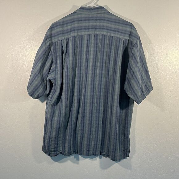 Tommy Bahama 100% Silk Shirt Size Medium Blue Teal Striped Pattern Button Up - Picture 8 of 11